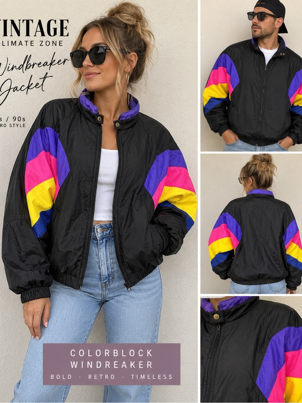 Vintage Colorblock Windbreaker Jacket - Black with Purple, Pink & Yellow